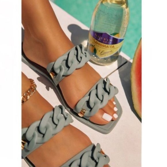 My Poshtique Shoes - !! NEW !! Jelly Slide Sandals with Chain Detail in Matte Sage Green